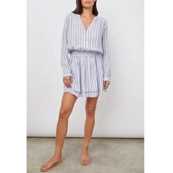 RAILS Woman's Sz XS Jasmine Blue White Rhône Stripe Linen Blend Smocked Dress - Picture 1 of 9
